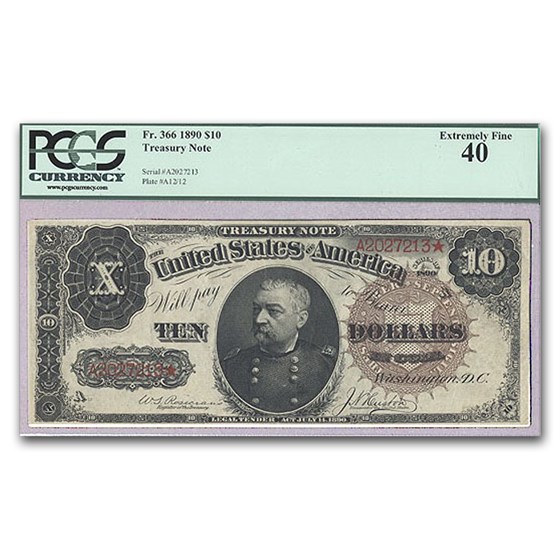 1890 $10.00 Treasury Note General Philip Sheridan XF-40 PCGS 1890 $10.00 Treasury Note General Philip Sheridan XF-40 PCGS